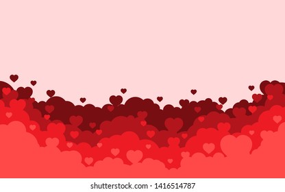 Cloudy sky with red hearts background. Valentines day holiday card. Cartoon flat style design. Vector illustration.