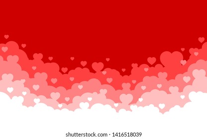 Cloudy sky with red hearts background. Valentines day holiday card. Cartoon flat style design. Vector illustration.