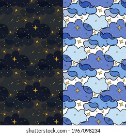Cloudy sky seamless hand drawn pattern. Transparency effect for cloud shapes, stars. Cartoon style background, blue colors palette. Vector 