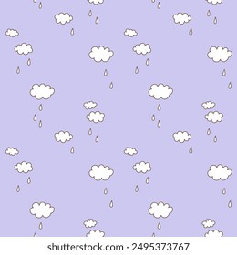 Cloudy sky seamless pattern. Doodle clouds and rain drops on a violet background. Vector simple hand-drawn background. Print for textiles and baby clothes, wrapping paper and wallpaper.