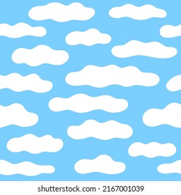 Cloudy sky seamless pattern. Hand drawn vector clouds illustration on blue background.