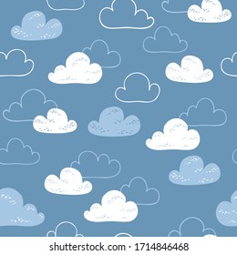 Cloudy sky seamless pattern. White clouds on a blue background. Vector simple childish hand-drawn background in cartoon style. ideal for textiles and baby clothes.