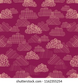 Cloudy sky seamless vector pattern. Beige white silhouettes of textured clouds on dark pink background. Rainy sky. Great for fabric, paper, web banner, wallpaper, cards, invite, decor, kids, baby girl