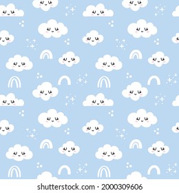 Cloudy sky with several kawaii face clouds - funny hand drawn doodle, seamless pattern. Lettering poster or t-shirt textile graphic design. Wallpaper, wrapping paper, background.