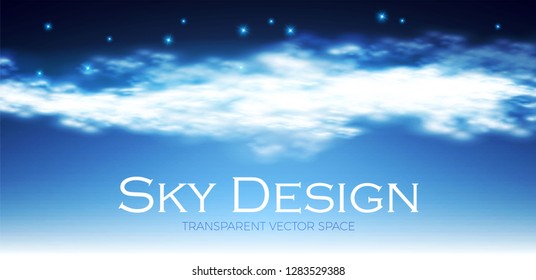 Cloudy Sky with Stars. Cumulus Clouds. Magic Night Design. Vector illustration