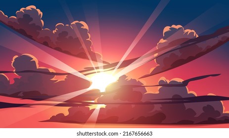 Cloudy sky sunset or sunrise background with sunbeam through the clouds