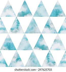 Cloudy sky triangles seamless vector pattern. Geometrical background. Watercolor heaven with clouds. Blue sky, shades of white. Painted backdrop. Fresco imitation. 