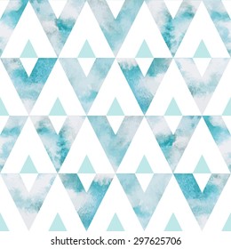 Cloudy sky triangles seamless vector pattern. Geometrical background. Watercolor heaven with clouds. Blue sky, shades of white. Painted backdrop. Fresco imitation. 