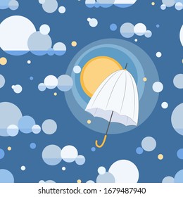 Cloudy sky, umbrella, blue background. Vector pattern. Seamless pattern with white umbrella on blue. Design for baby textiles. Seasonal themed background.