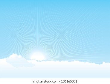 Cloudy sky. Vector background of blue sky with clouds, sun and  beams