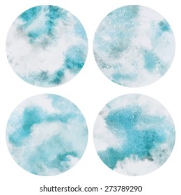 Cloudy sky watercolor vector circles. Round shapes. Heaven with clouds. Blue sky, shades of white. Painted circles. Fresco imitation. 