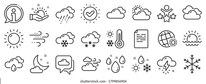 Cloudy sky, winter snowflake, thermometer. Weather and forecast line icons. Moon night, rain and sunset icons. Weather temperature, meteorology forecast and wind, thunder bolt. Vector