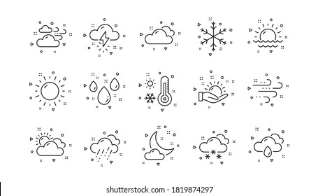 Cloudy sky, winter snowflake, thermometer. Weather and forecast line icons. Moon night, rain and sunset icons. Weather temperature, meteorology forecast. Linear set. Geometric elements. Vector