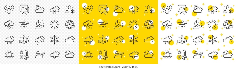Cloudy sky, winter snowflake, thermometer. Weather and forecast line icons. Moon night, rain and sunset icons. Weather temperature, meteorology forecast and wind, thunder bolt. Vector