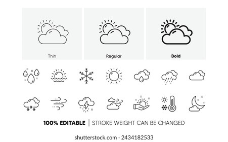 Cloudy sky, winter snowflake, thermometer. Weather and forecast line icons. Moon night, rain and sunset icons. Weather temperature, meteorology forecast. Linear set. Line icons set. Vector