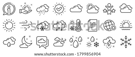 Cloudy sky, winter snowflake, thermometer. Weather and forecast line icons. Moon night, rain and sunset icons. Weather temperature, meteorology forecast and wind, thunder bolt. Vector