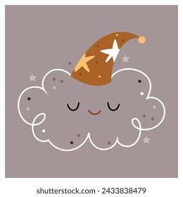 Cloudy is sleeping in a sleeping cap.A cute kids illustration about sleep and night.