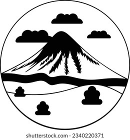Cloudy Snowy Peak with Meadows Concept, Green landscape with big mountains, hills and smoky clouds Vector Icon Design, Natural scenery in circular sign, picturesque symbol countryside terrain stock