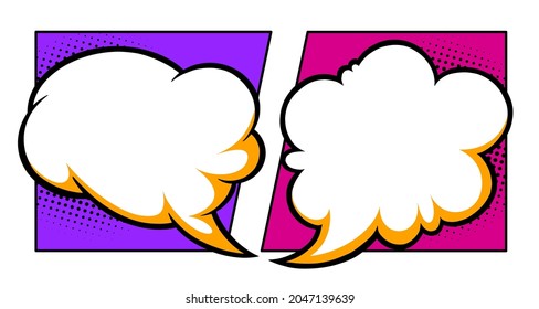 Cloudy speech bubbles with shadow with purple and violet backgroung. Speech balloons for message or label. Vector illustration isolated in white background