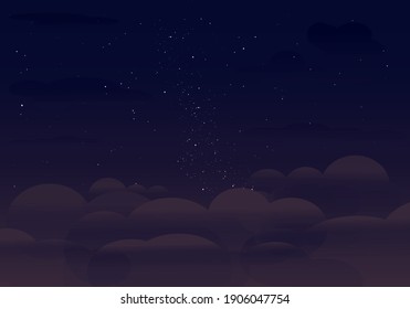 Cloudy and starry night illustration. Space of night purple-blue sky with cloud and stars. Cosmic background