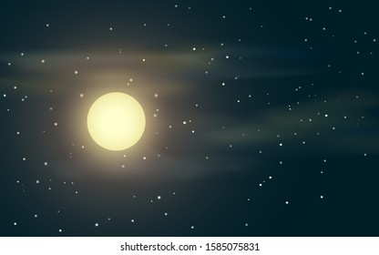 Cloudy starry night sky with full moon