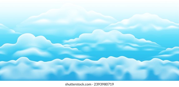Cloudy summer skies seamless background. Horizontal endless clouded weather pattern, white clouds on turquoise blue sky vector illustration