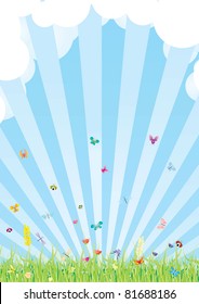 cloudy summer sky and grass with flowers and butterflies vector