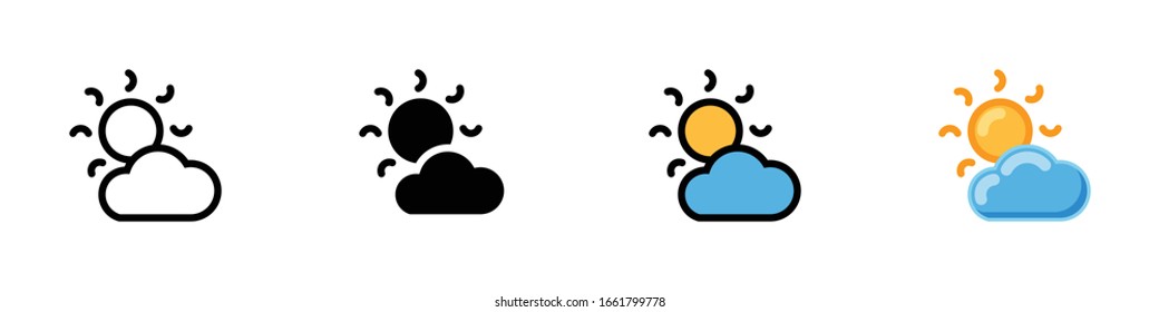 Cloudy sun icon set. Forecast or weather prediction. Line icon, logo, or symbol, silhouette, and flat design collection isolated on white background.