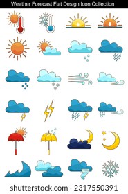 Cloudy, sun, rain, wind, snow, sunset,sunrise,temperature,storm and moon flat design icon illustration.