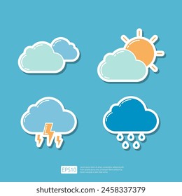 Cloudy, Sun Sunny Day, Rain Cloud Forecast, Lightning Rainy season. Weather Icons Collection Set Vector illustration