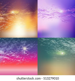 Cloudy sunset, moonlight sky vector set