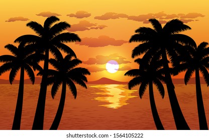 Cloudy sunset sky with a group of palm trees
