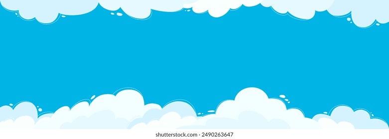 Cloudy text frame. Vector horizontal illustration with border of soft clouds on bright blue background for design. 