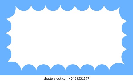 Cloudy wave curve edge frame. Wavy scalloped rectangle border. Doodle drawn rectangle picture frame. Empty blue text box. Funky zigzag design element. Vector illustration isolated on white background.