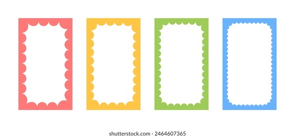 Cloudy wave curve edge frame. Wavy scalloped rectangle borders set. Doodle drawn rectangle picture frame. Empty text box. Funky zigzag design element. Vector illustration isolated on white background.