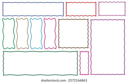 Cloudy wave curve edge frame vector set black color wavy scalloped doodle drawn style for decoration, funky zigzag .Vector Illustration .