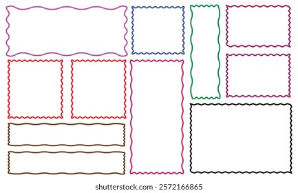 Cloudy wave curve edge frame vector set black color wavy scalloped doodle drawn style for decoration, funky zigzag .Vector Illustration .