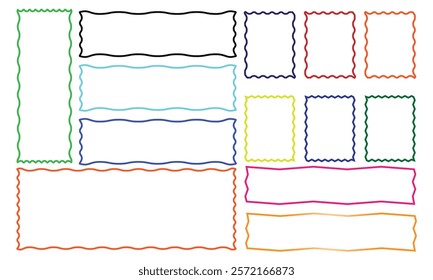 Cloudy wave curve edge frame vector set black color wavy scalloped doodle drawn style for decoration, funky zigzag .Vector Illustration .