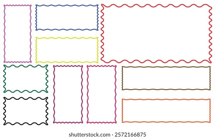 Cloudy wave curve edge frame vector set black color wavy scalloped doodle drawn style for decoration, funky zigzag .Vector Illustration .