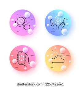 Cloudy weather, 3d app and Cogwheel settings minimal line icons. 3d spheres or balls buttons. Fair trade icons. For web, application, printing. Sky climate, 3d technology, Engineering tool. Vector