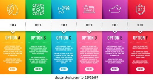 Cloudy weather, Computer fan and Mineral oil line icons set. Infographic timeline. Quick tips, Online help and Ph neutral signs. Sky climate, Pc ventilator, Organic tested. Helpful tricks. Vector