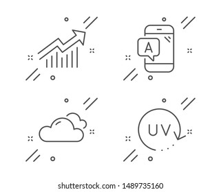 Cloudy weather, Demand curve and Ab testing line icons set. Uv protection sign. Sky climate, Statistical report, Phone test. Skin cream. Business set. Line cloudy weather outline icon. Vector