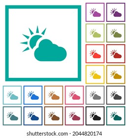 Iconos de color plano y climáticos nublados con marcos cuadrantes sobre fondo blanco