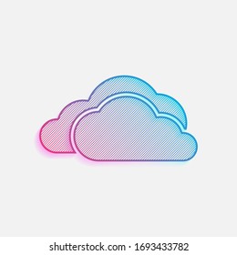 cloudy weather icon. Colored logo with diagonal lines and blue-red gradient. Neon graphic, light effect