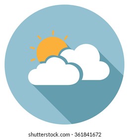 Cloudy weather icon with long shadow, flat design, vector illustration.