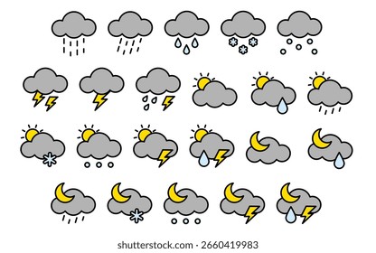Cloudy weather icon set. Line color outline style