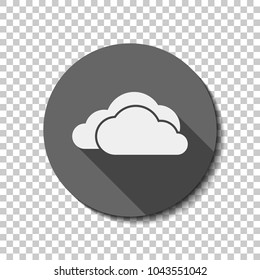 cloudy weather icon. White flat icon with long shadow in circle on transparent background
