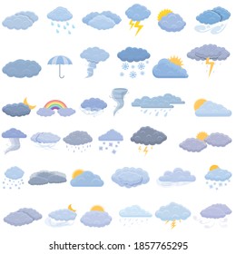 Cloudy weather icons set. Cartoon set of cloudy weather vector icons for web design