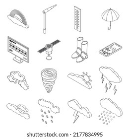 Cloudy weather icons set. Isometric set of cloudy weather vector icons thin line outline on white isolated