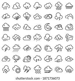 Cloudy weather icons set. Outline set of cloudy weather vector icons for web design isolated on white background